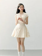 Ivory Lace Trim V Neck Puff Sleeve Fit-and-Flare Mini Dress