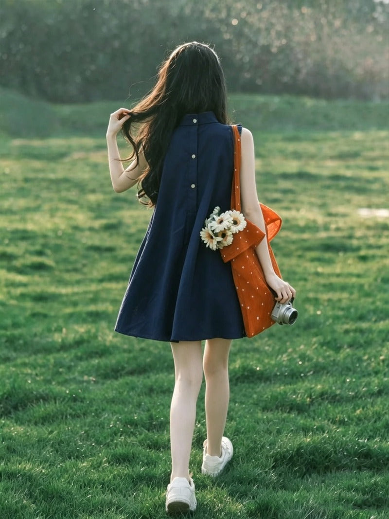Navy Blue High Neck Button Back A-Line Mini Dress