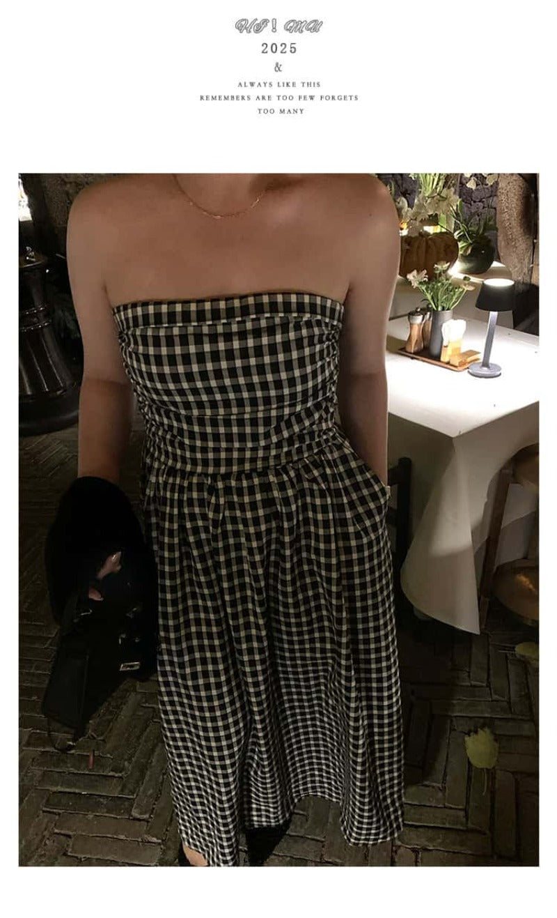 Black Gingham Strapless A-Line Midi Dress