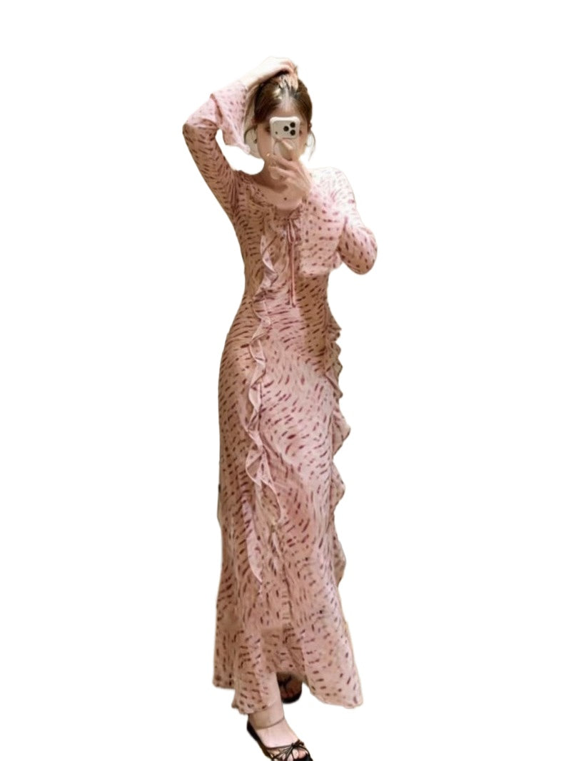 Pink Riviera Ruffle Print Long Sleeve Sheath Maxi Dress