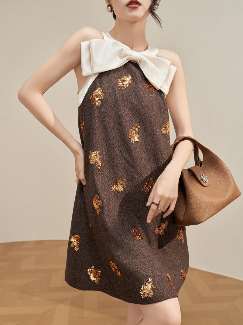 Brown Bow Neck Sequin Embellished Shift Mini Dress