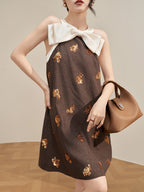 Brown Bow Neck Sequin Embellished Shift Mini Dress