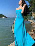Blue Strapless Rhinestone Ruched Mermaid Maxi Dress