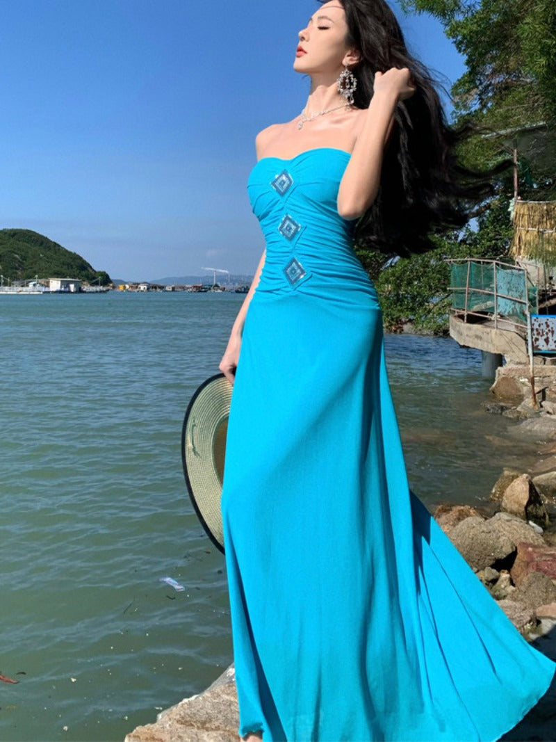 Blue Strapless Rhinestone Ruched Mermaid Maxi Dress