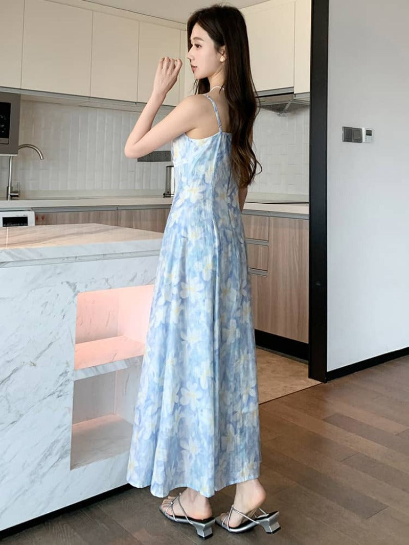 French Style Printed Tie Front Cami A-Line Maxi Dress
