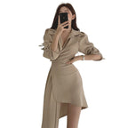 Apricot/Black Collared Wrap Asymmetric Hem Shirt Dress