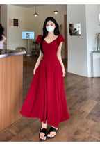 Wine Red V Neck Puff Sleeve Tie Back A-Line Maxi Dress