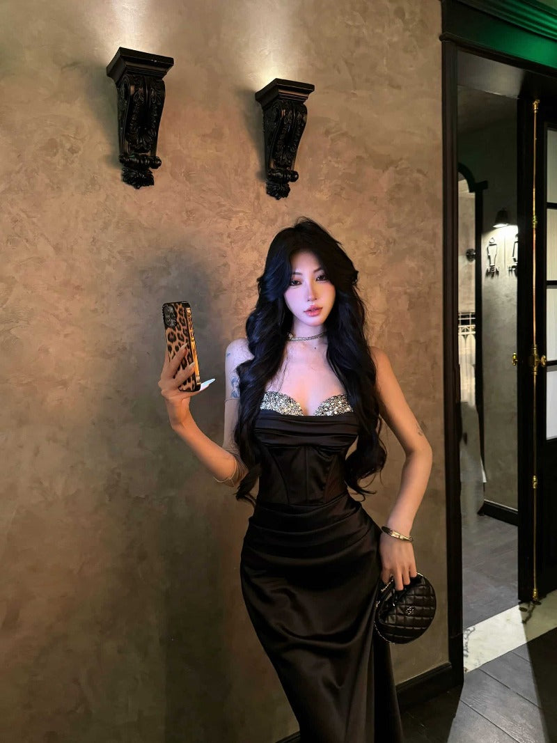 Black Strapless Sequin Bustier Mermaid Maxi Dress