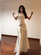 Champagne Asymmetric Draped Mermaid Maxi Dress