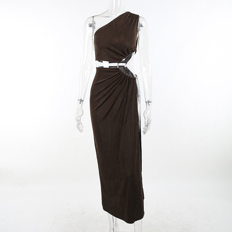 One Shoulder Cutout High Slit Maxi Dress