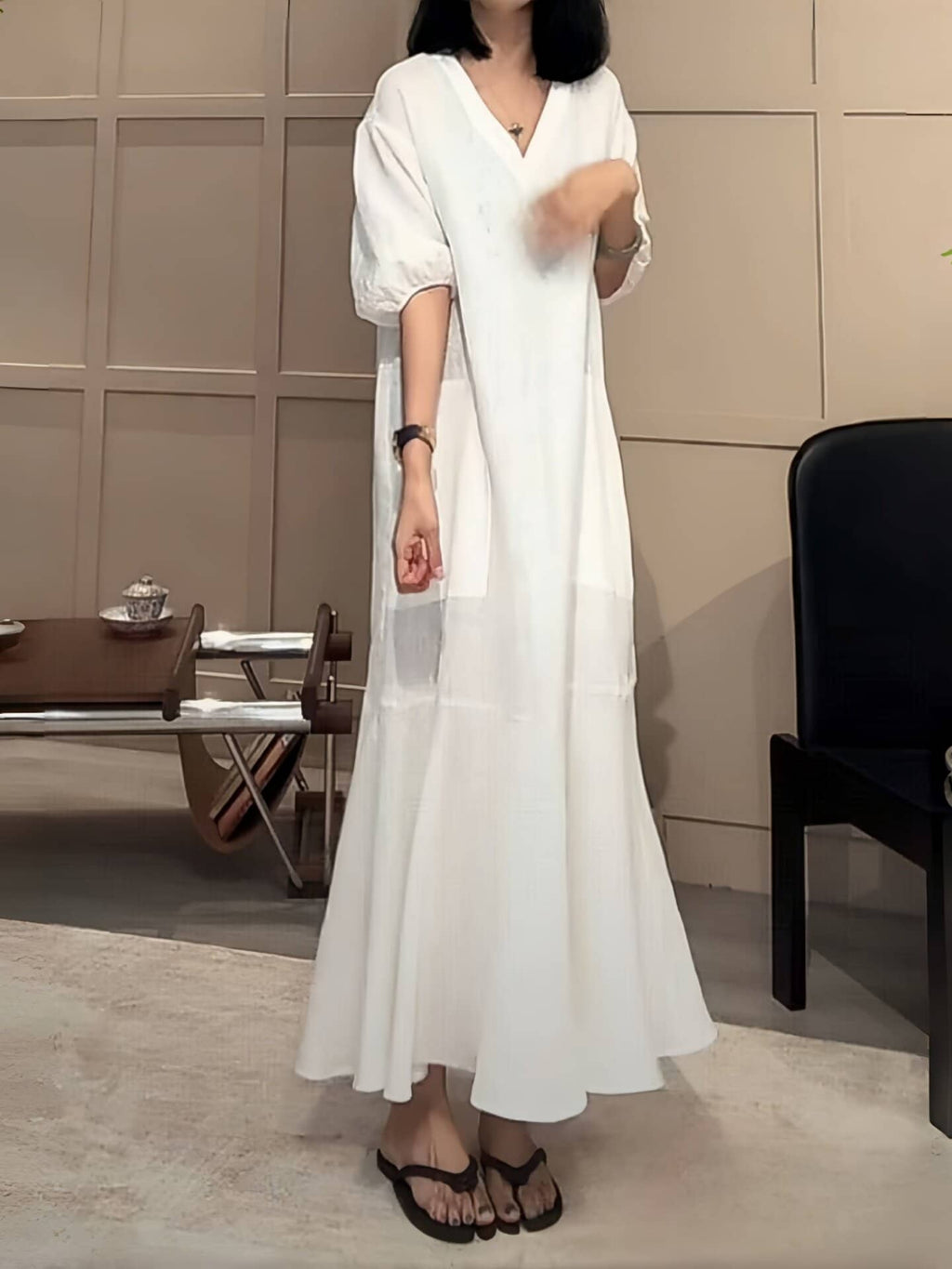 V-Neck Puff Sleeve High Waist A-Line Maxi Dress