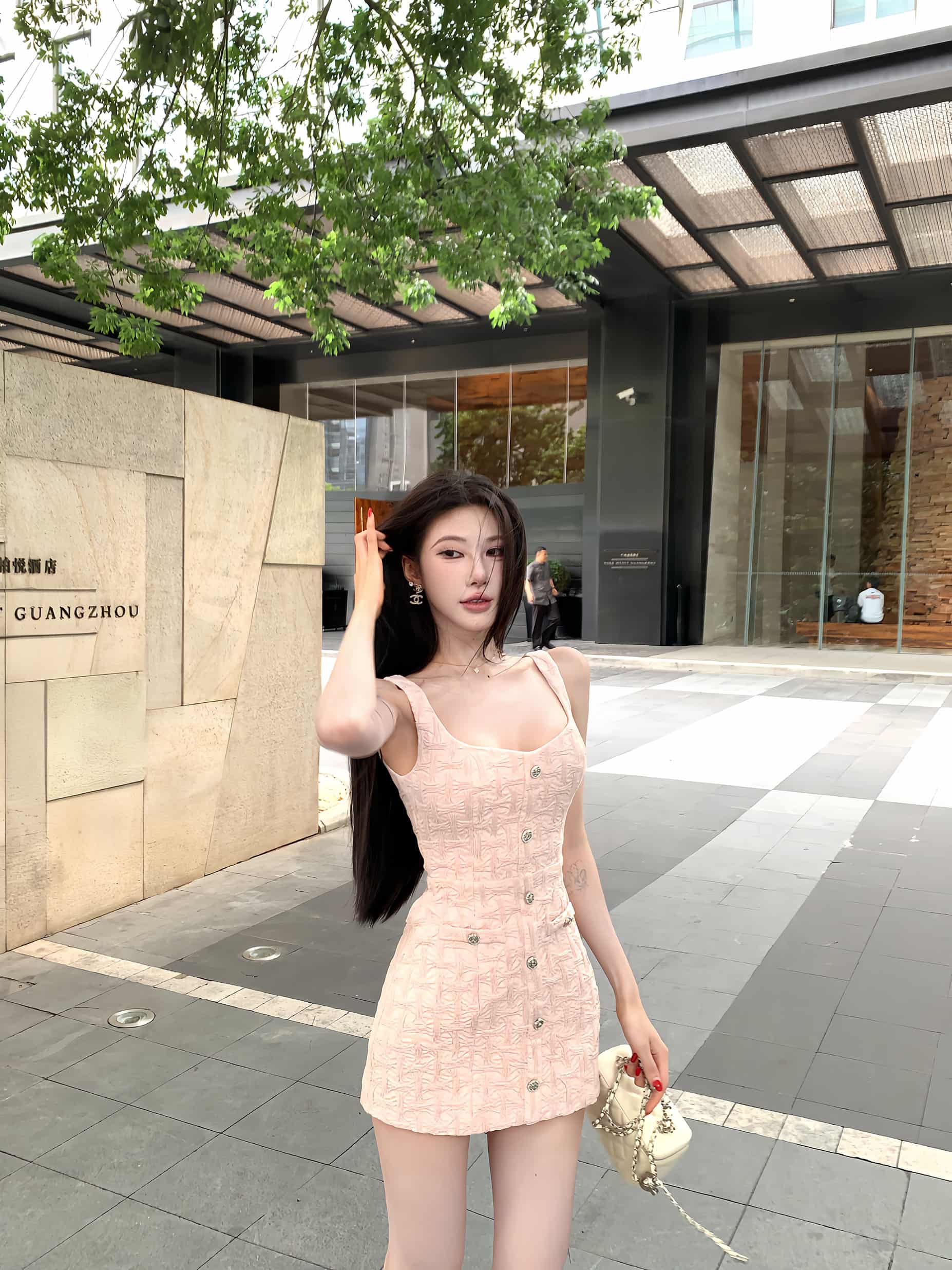 Blush Pink Chic Textured Square Neck Mini Dress Secondary image