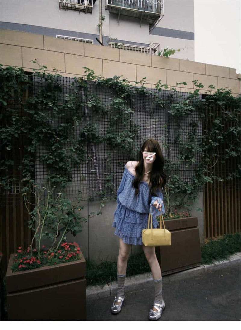 Blue Floral Off Shoulder Ruffle Mini Dress Set