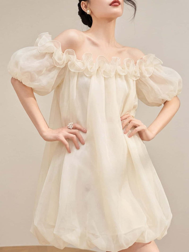 Ivory Off Shoulder Organza Ruffle Shift Mini Dress