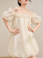 Ivory Off Shoulder Organza Ruffle Shift Mini Dress