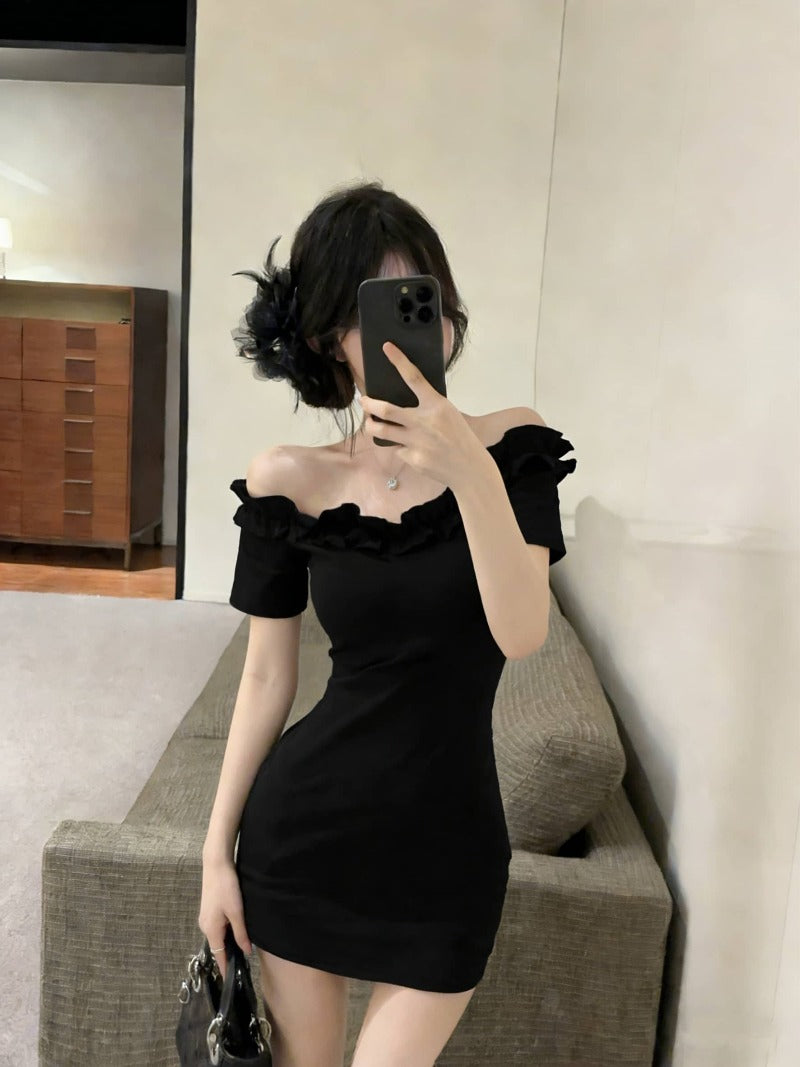 Burgundy/Black Off Shoulder Ruffle Bodycon Mini Dress