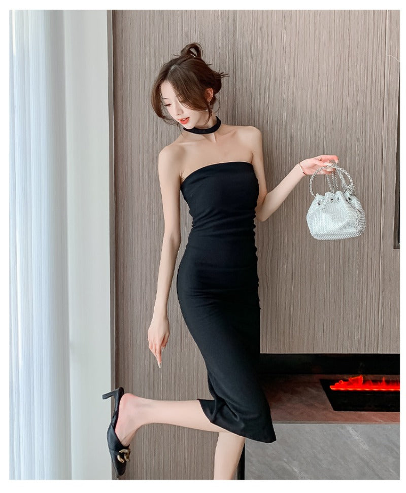 Strapless Scarf Neck Bodycon Midi Dress