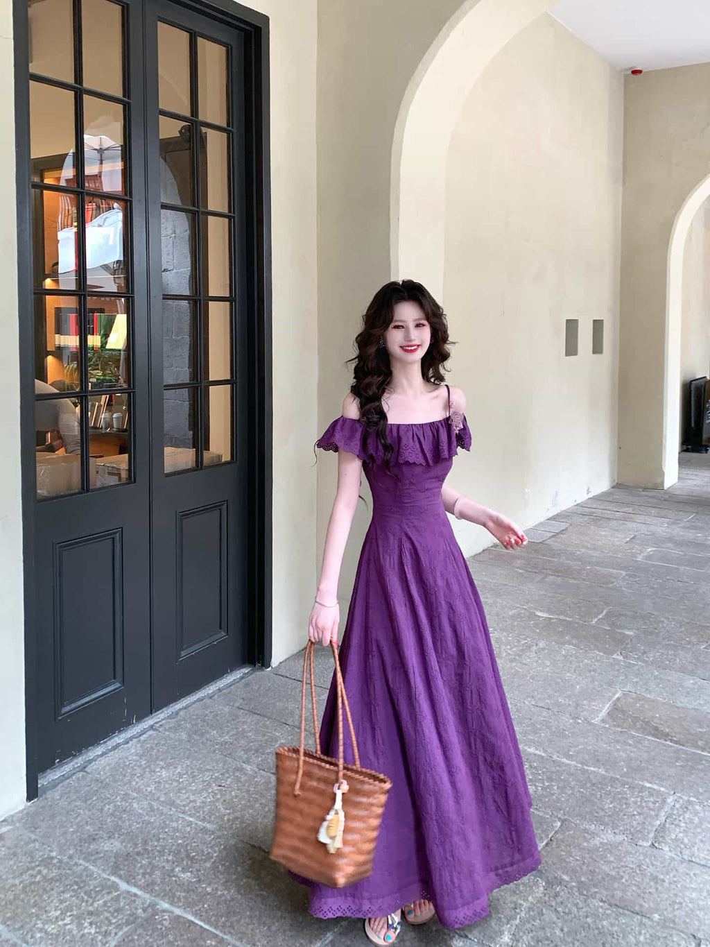 Purple Off Shoulder Embroidered A-Line Maxi Dress