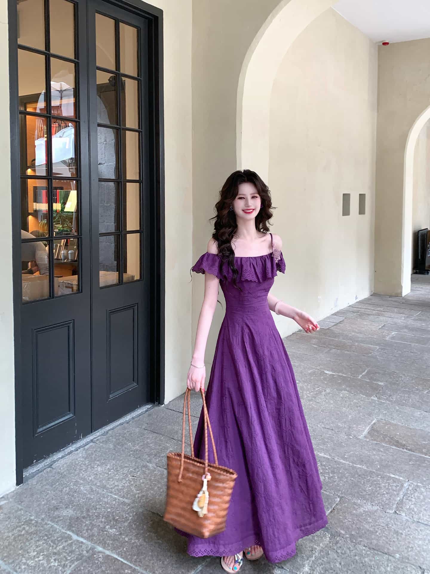 Purple Off Shoulder Embroidered A-Line Maxi Dress