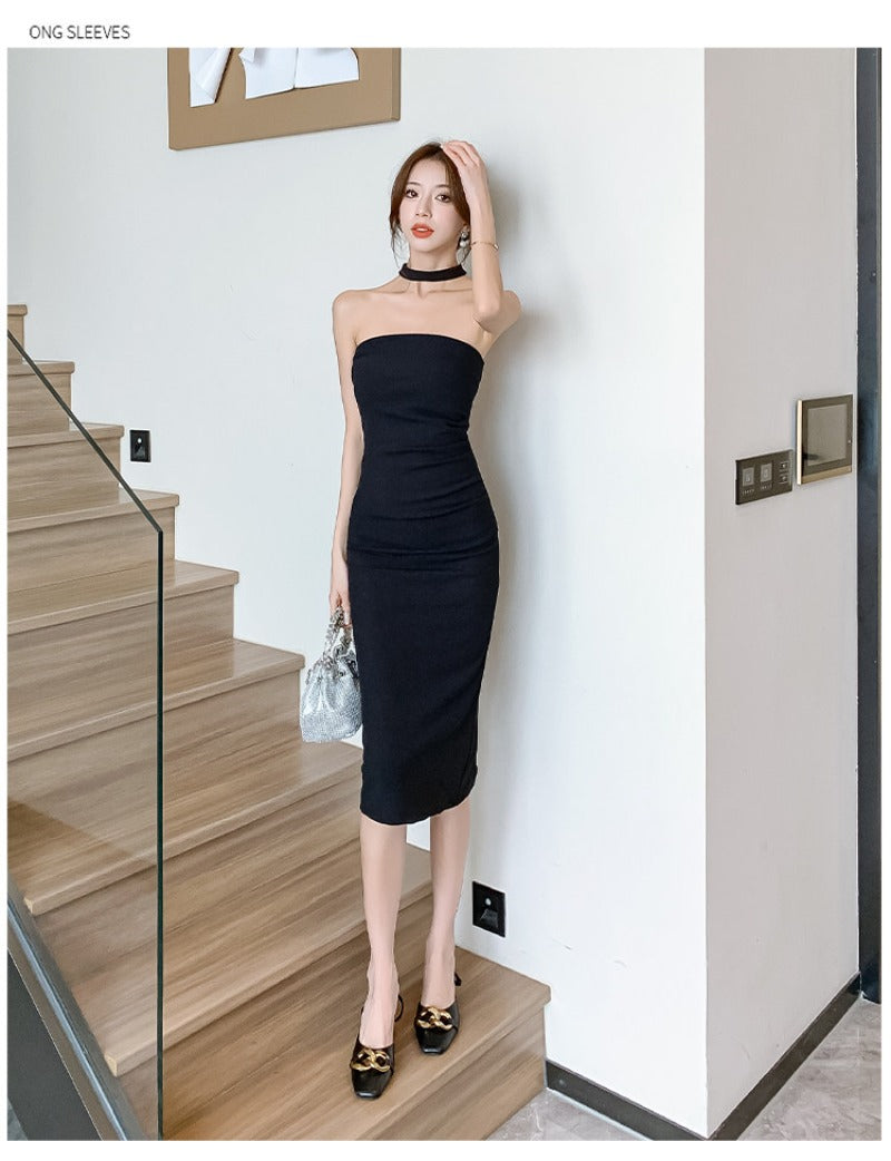 Strapless Scarf Neck Bodycon Midi Dress