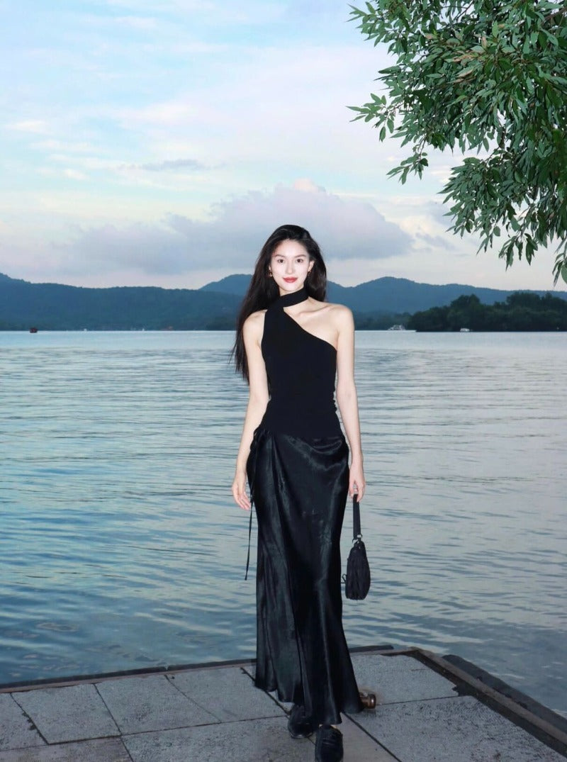 Black Asymmetric Scarf Halter Top
