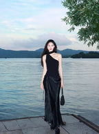 Black Asymmetric Scarf Halter Top