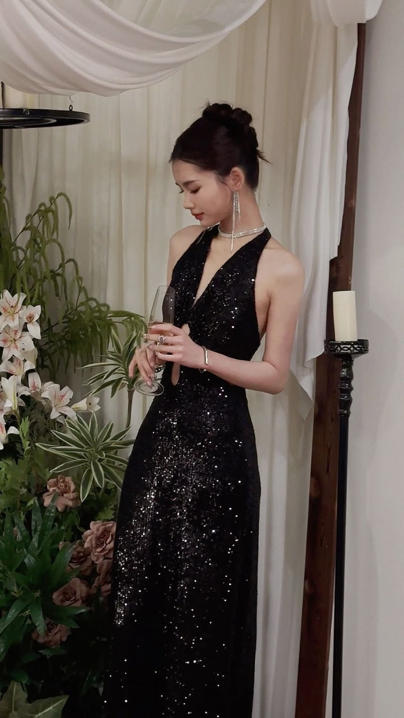 Black Sequin Halter Cutout Maxi Dress