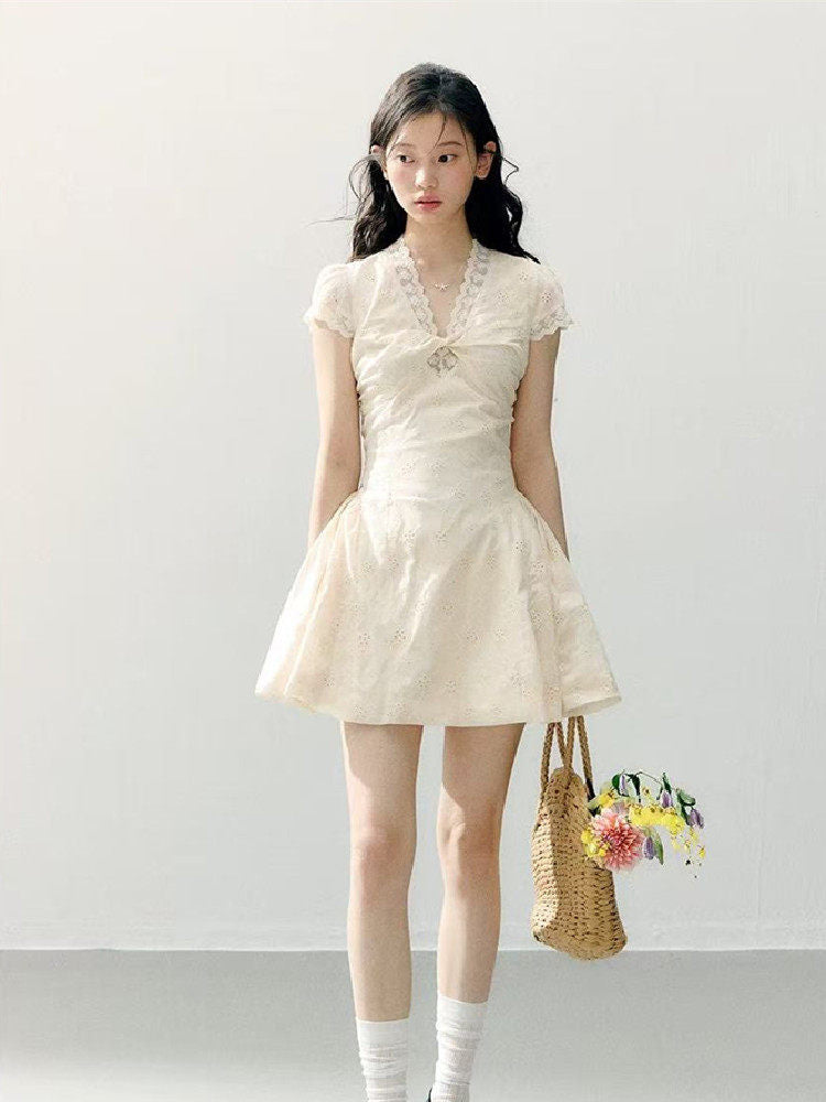 Ivory Lace Trim V Neck Puff Sleeve Fit-and-Flare Mini Dress Secondary image