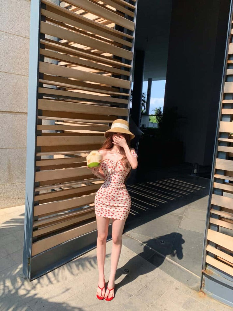Cream Heart Print Off Shoulder Bodycon Mini Dress