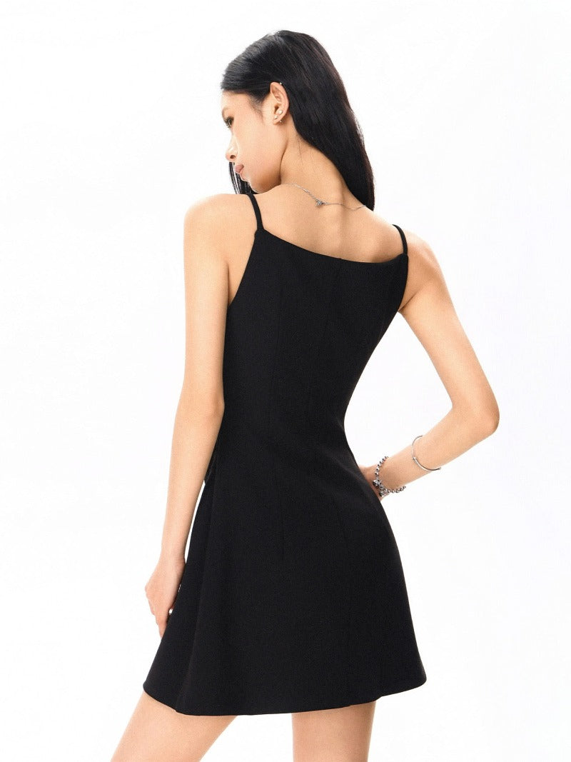 Black Straight Neck Sleeveless A-Line Mini Dress