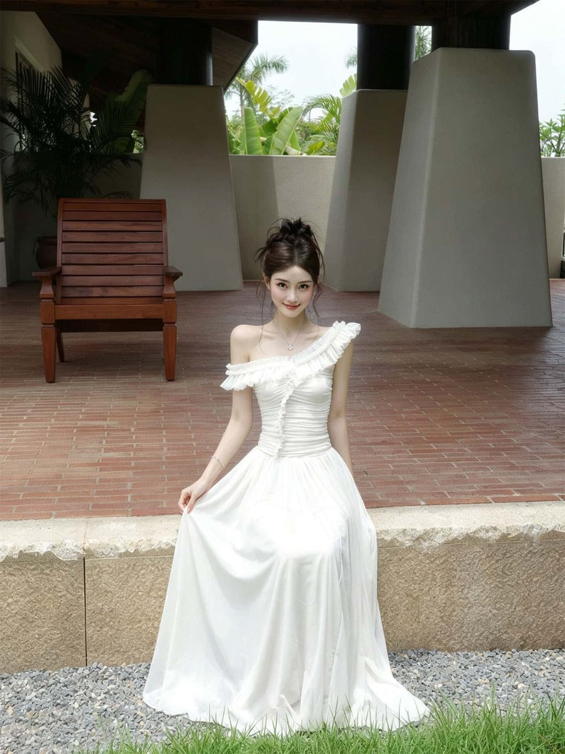 White Convertible Ruffle Off Shoulder A-Line Maxi Dress
