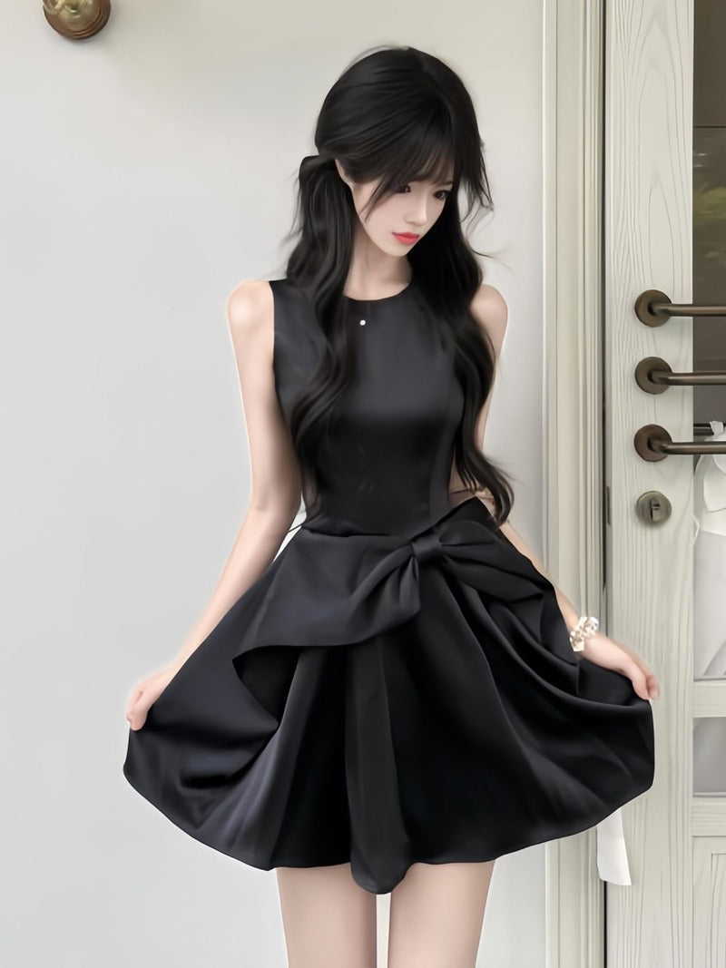 Black Satin Bow Waist Sleeveless A-Line Mini Dress Secondary image