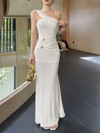White One Shoulder Draped Fishtail Maxi Dress