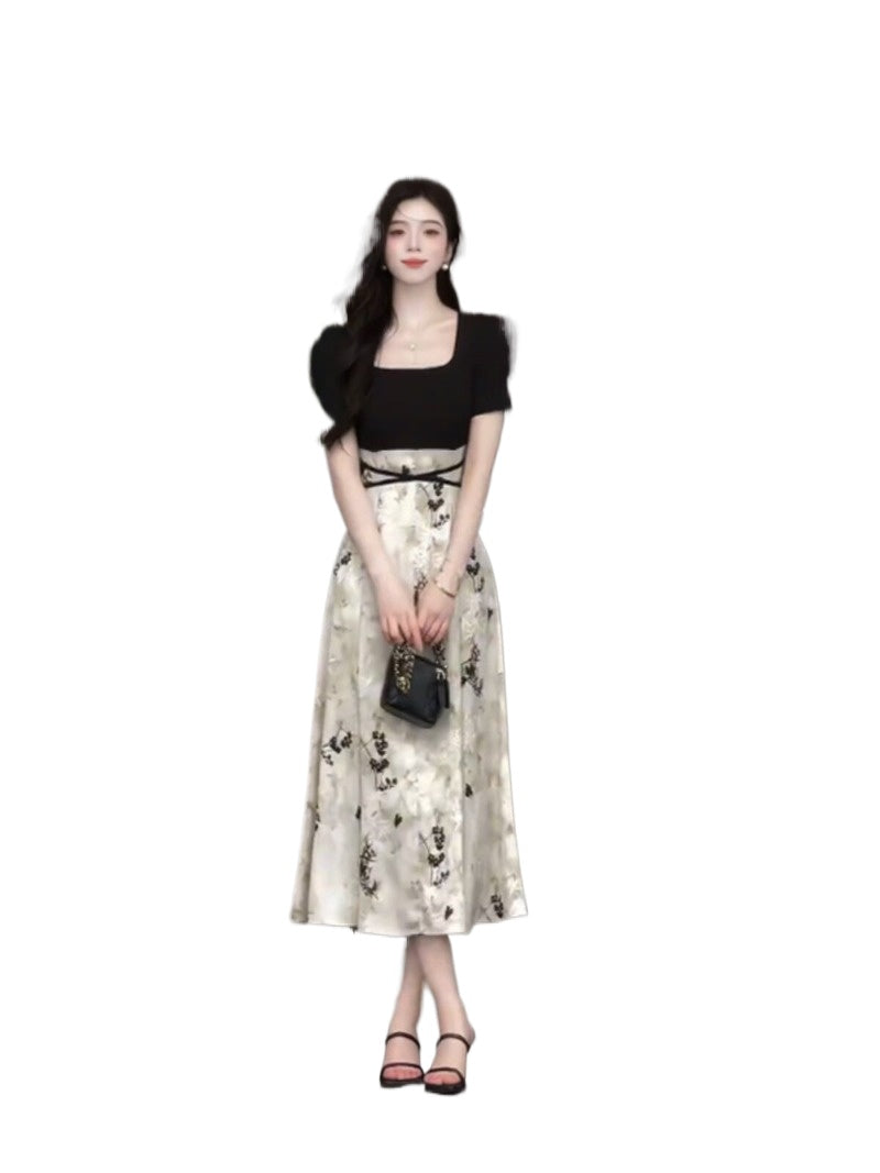 Black Ivory Square Neck Floral A-Line Midi Dress