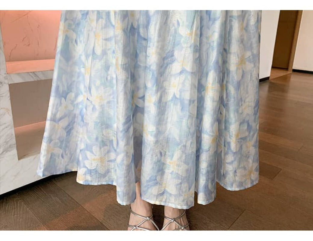 French Style Printed Tie Front Cami A-Line Maxi Dress