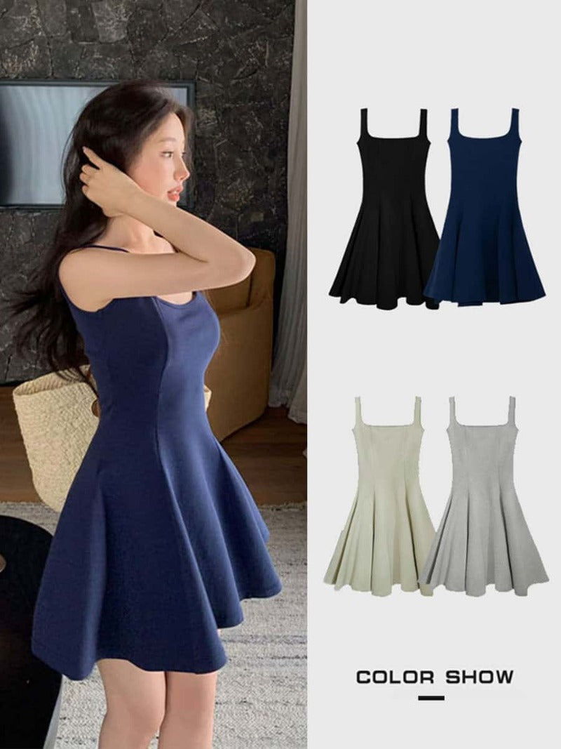 Navy/Green/Grey/Black Square Neck Sleeveless A Line Mini Dress