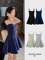 Navy/Green/Grey/Black Square Neck Sleeveless A Line Mini Dress