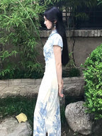Blue Floral Mandarin Collar Short Sleeve Sheath Maxi Dress