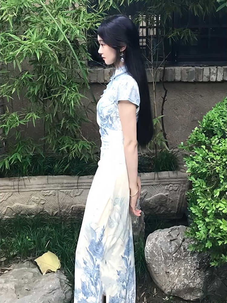 Blue Floral Mandarin Collar Short Sleeve Sheath Maxi Dress
