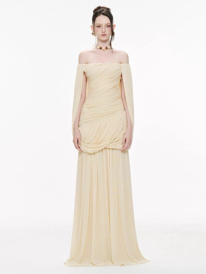 Sculpted Drape Off Shoulder Cape Maxi Dress