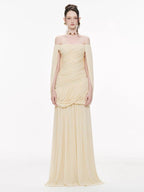 Sculpted Drape Off Shoulder Cape Maxi Dress