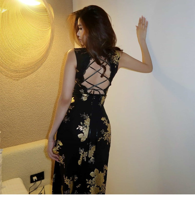 Midnight Gold Floral Mandarin Collar Qipao Maxi Dress