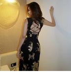 Midnight Gold Floral Mandarin Collar Qipao Maxi Dress