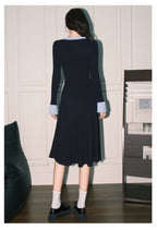 Navy Ribbon V Neck Bell Sleeve A-Line Dress