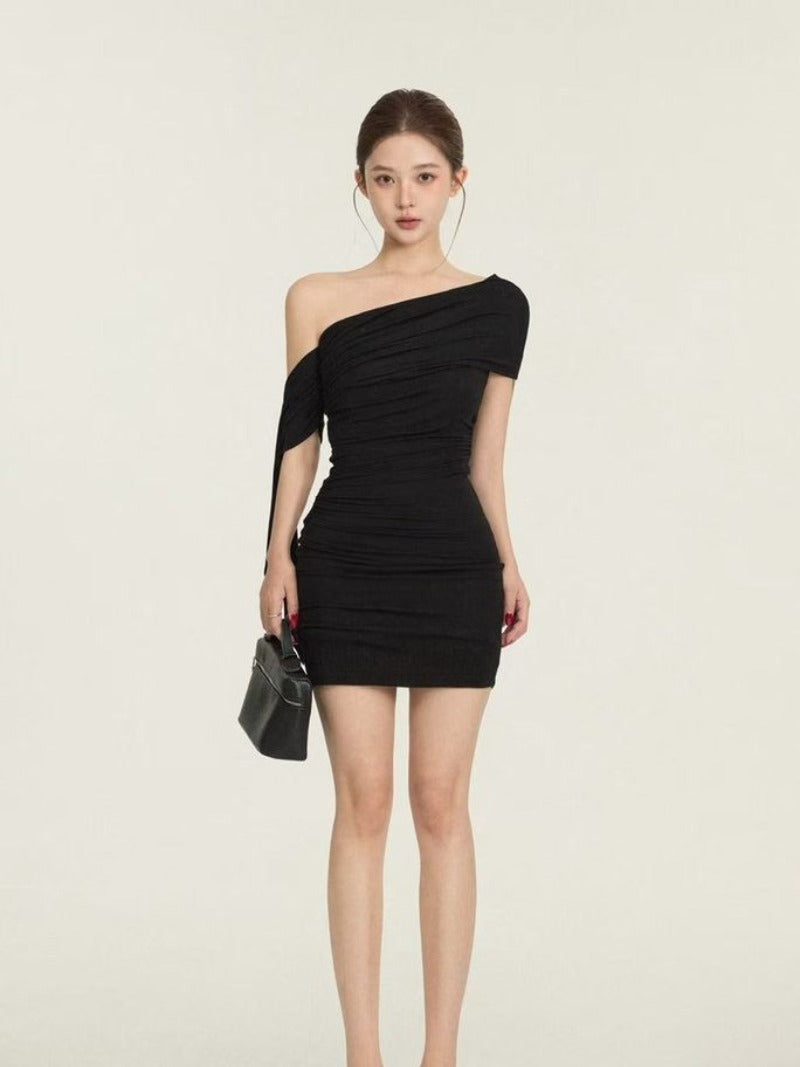 Black One Shoulder Ruched Sash Bodycon Mini Dress