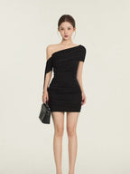 Black One Shoulder Ruched Sash Bodycon Mini Dress