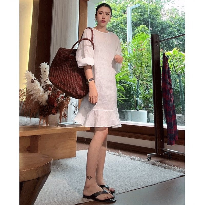 Linen Round Neck Fishtail Hem Midi Dress