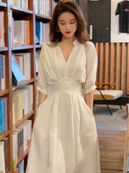 White V-Neck Pleated A-Line Maxi Dress