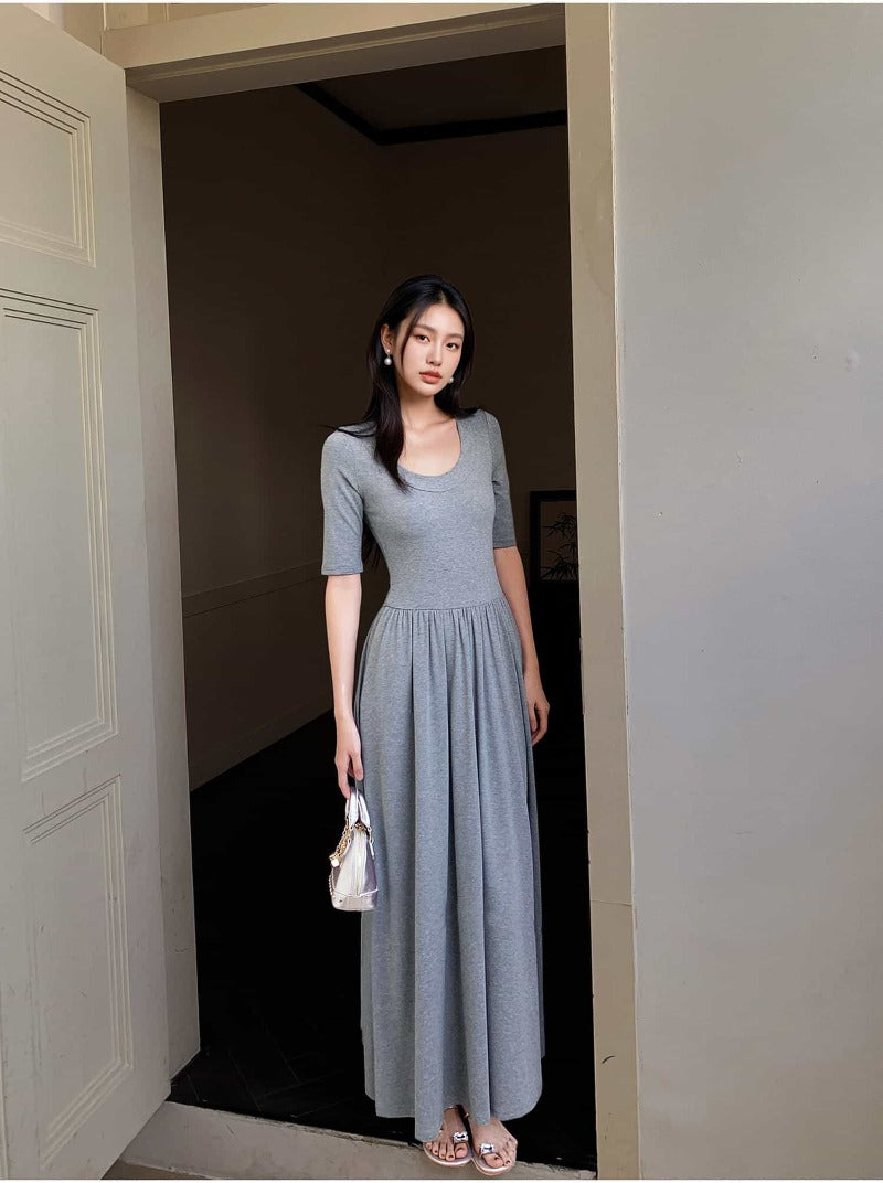 Gray U Neck Fit and Flare Maxi Dress
