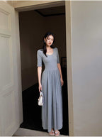 Gray U Neck Fit and Flare Maxi Dress
